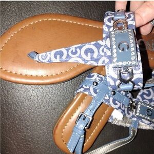 Guess Blue Logo Print T-Strap Sandals with Rhinestone Accent